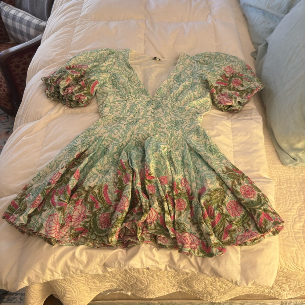HEMANT & NANDITA Green and Pink Floral Mini Dress